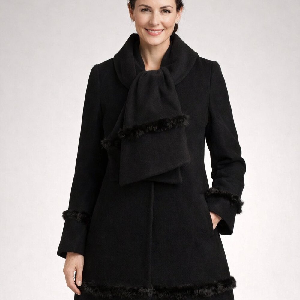 IDDI Women's Coat Black Wool Cashmere Fur Trim Attached Shawl Size 38 NWOT